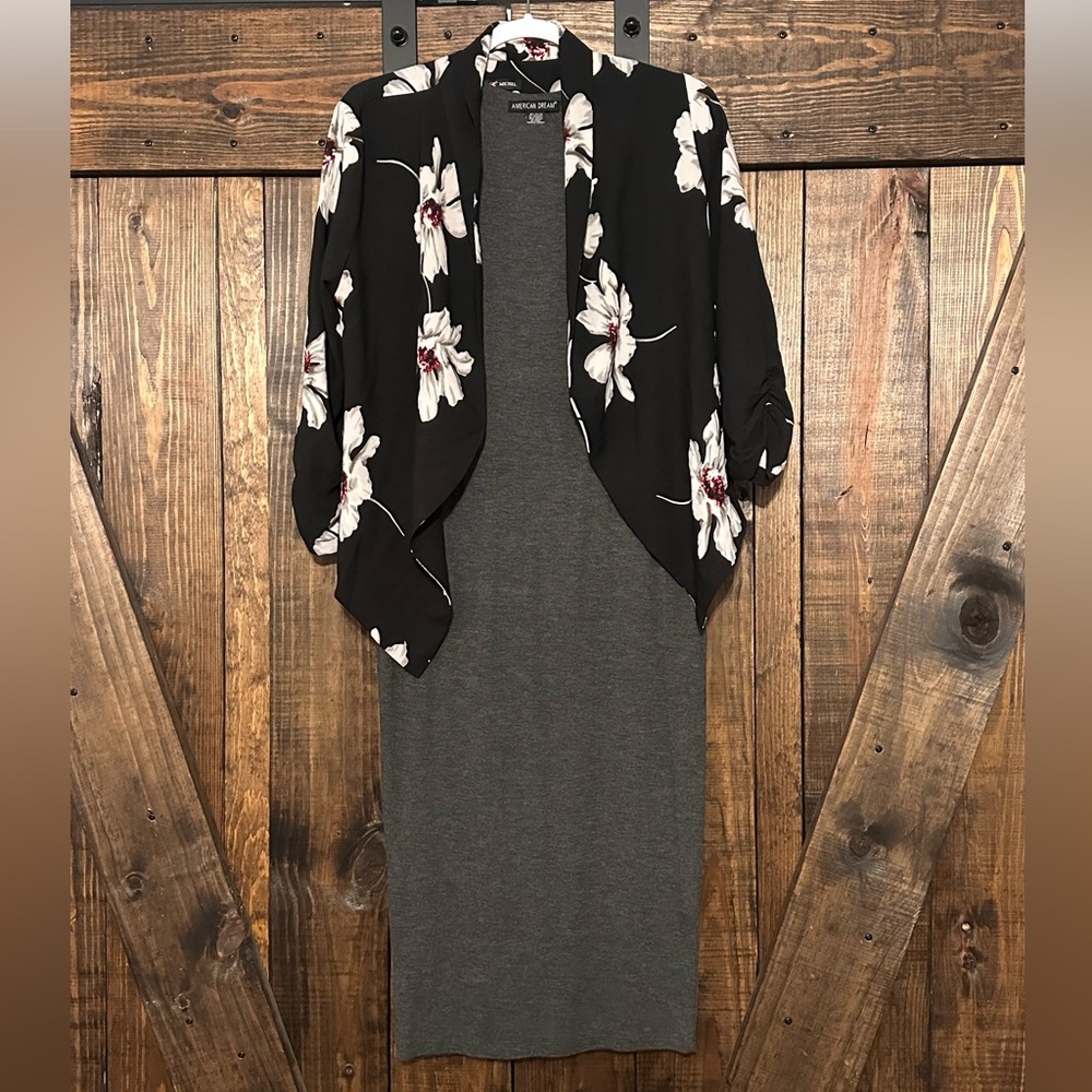 Black Floral Cardigan and Gray Bodycon Set